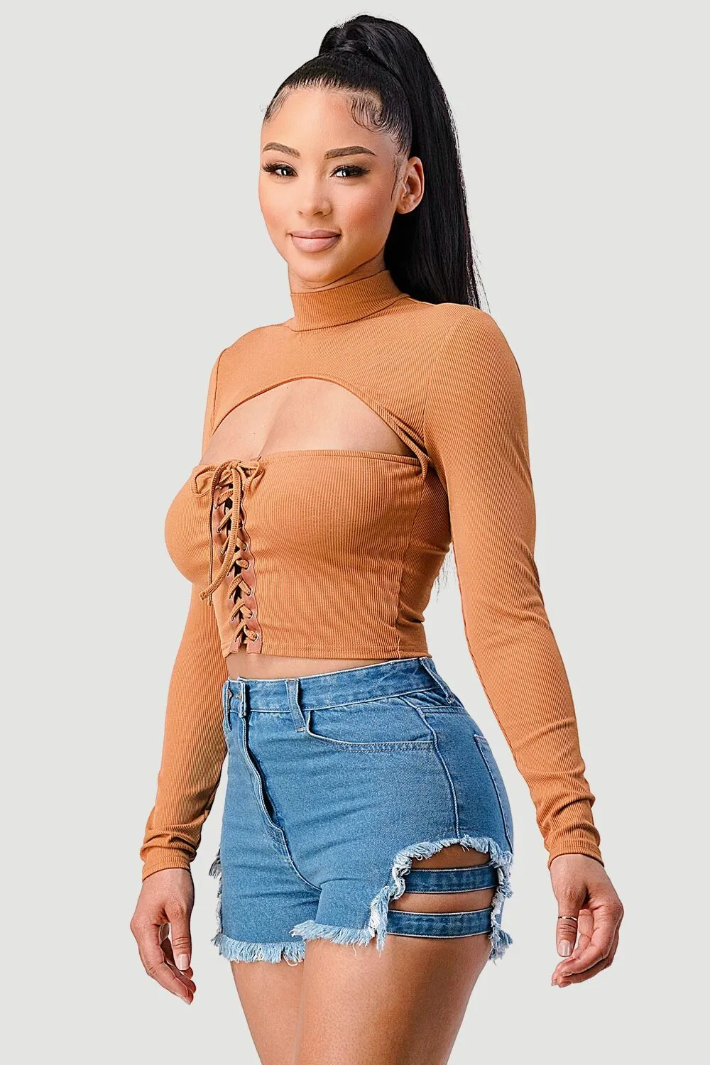 FRONT LACE-UP CUT-OUT MOCK NECK CROPPED TOP sold by privy product image thumbnail 2