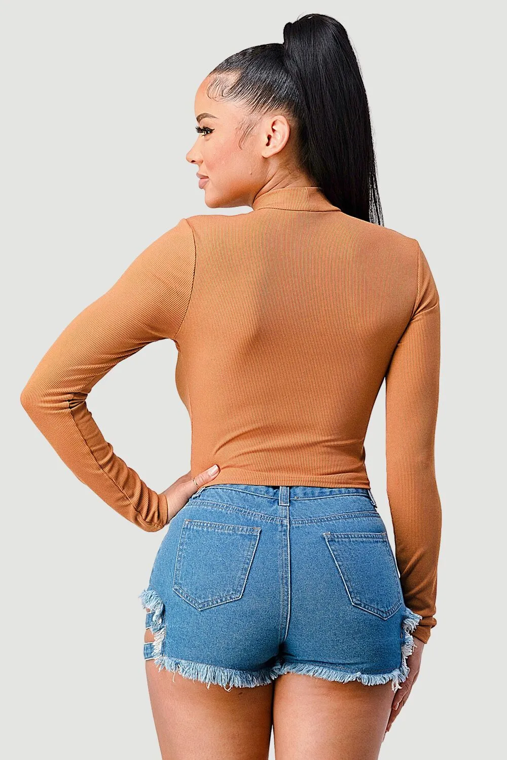 FRONT LACE-UP CUT-OUT MOCK NECK CROPPED TOP sold by privy product image thumbnail 3
