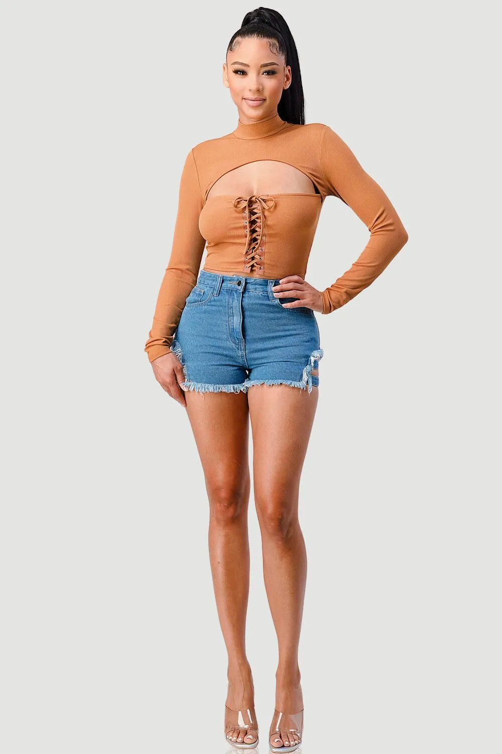 FRONT LACE-UP CUT-OUT MOCK NECK CROPPED TOP sold by privy product image thumbnail 4