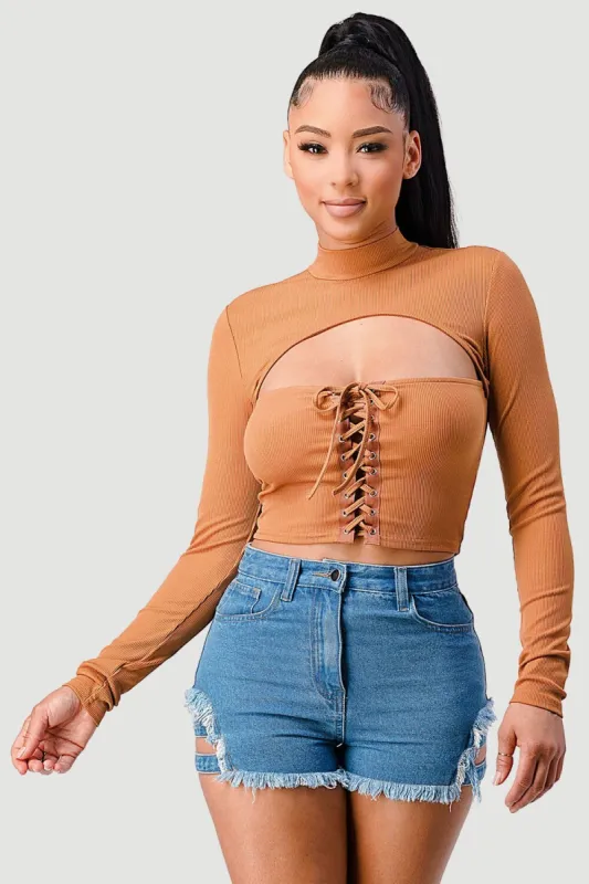 FRONT LACE-UP CUT-OUT MOCK NECK CROPPED TOP sold by privy