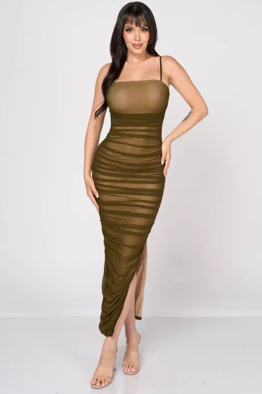 LUX RUCHED MESH LAYER SIDE OPEN SLITTED MIDI DRESS sold by privy