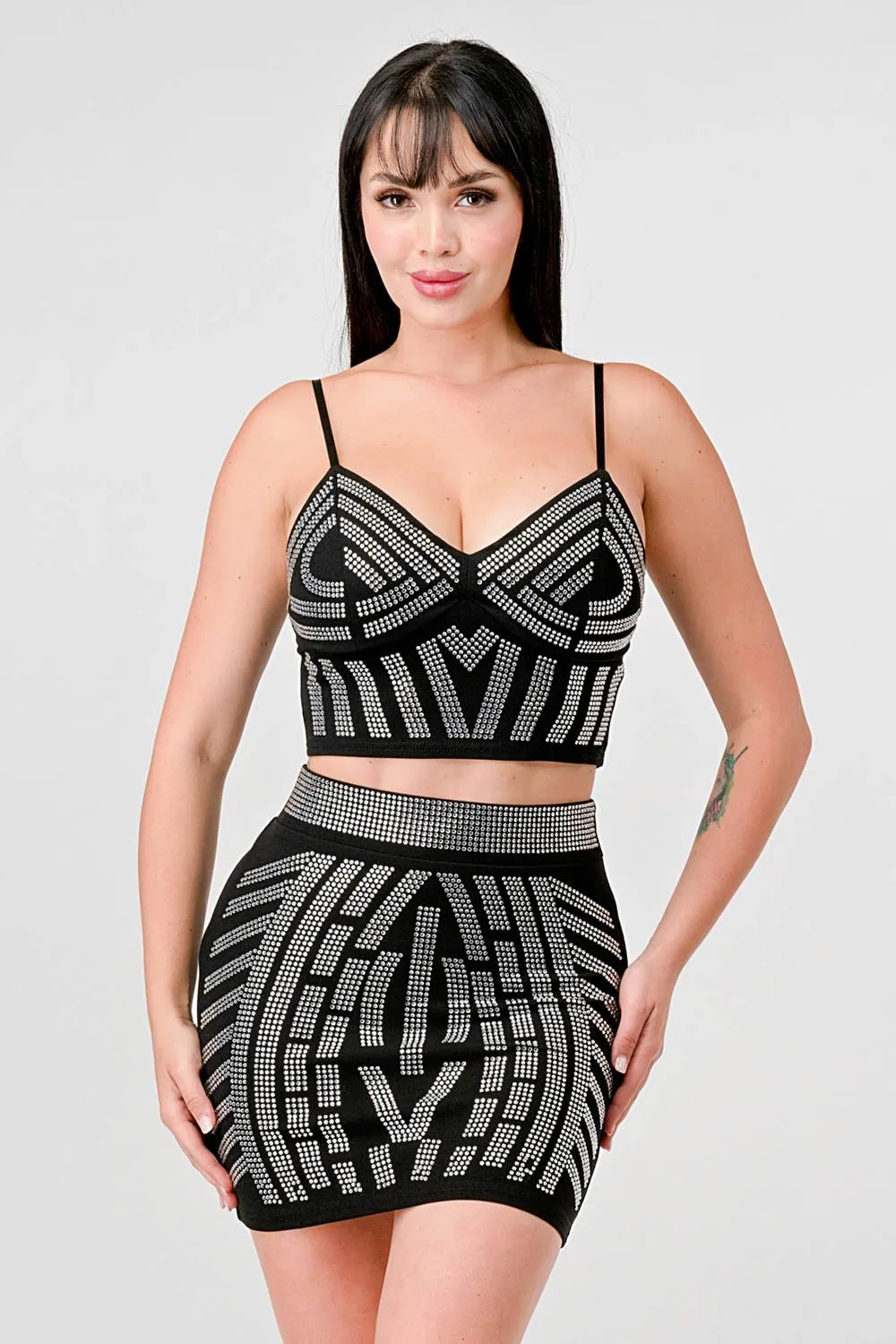 CREPE RHINETSTONE EMBELLISH TOP & MINI SKIRT SET sold by privy