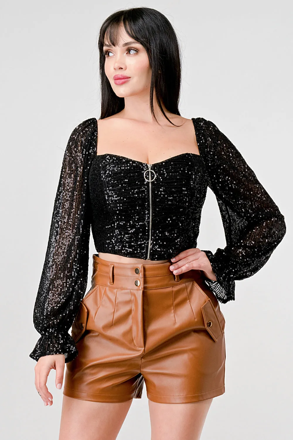 SEXY SEQUINS SWEETHEART ZIP-UP CROPPED BLOUSE TOP sold by privy product image thumbnail 4