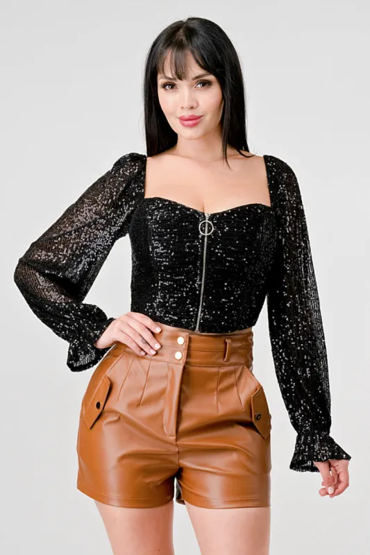 SEXY SEQUINS SWEETHEART ZIP-UP CROPPED BLOUSE TOP sold by privy