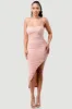LUXE RUCHED ZIPPER CLOSURE BACK SLITTED MIDI DRESS sold by privy