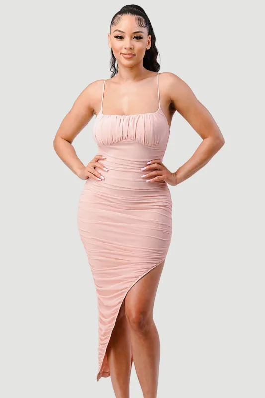 LUXE RUCHED ZIPPER CLOSURE BACK SLITTED MIDI DRESS sold by privy