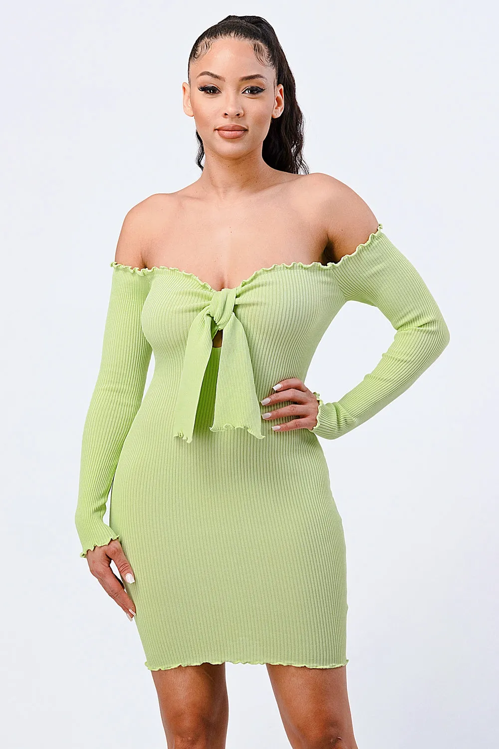 CHIC N COMFY RIB KNIT OFF SHOULDER FRONT-TIE DRESS sold by privy