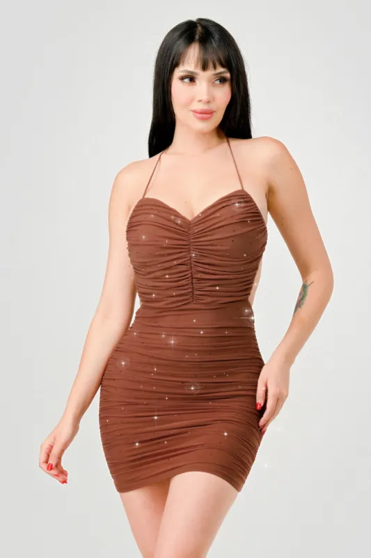 SEXY RHINESTONES MESH SWEETHEART RUCHED MINI DRESS sold by privy