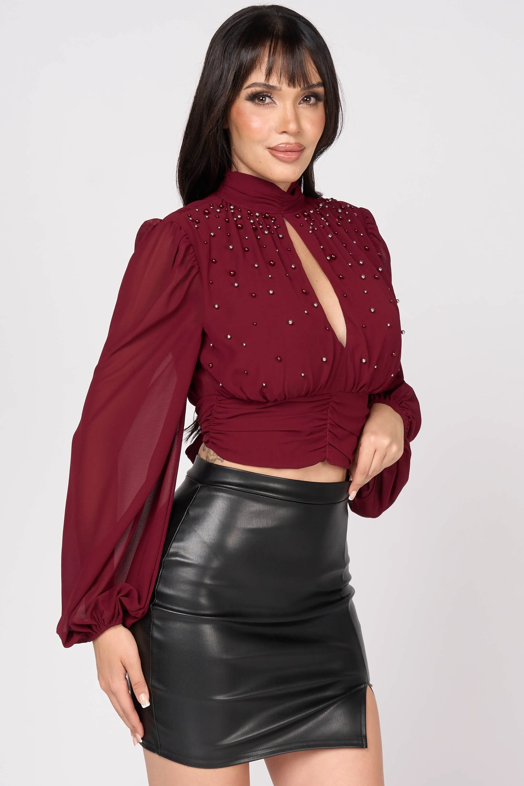 LUXE PEARL EMBELLISHED MESH KEYHOLE MOCK NECK TOP sold by privy product image thumbnail 2