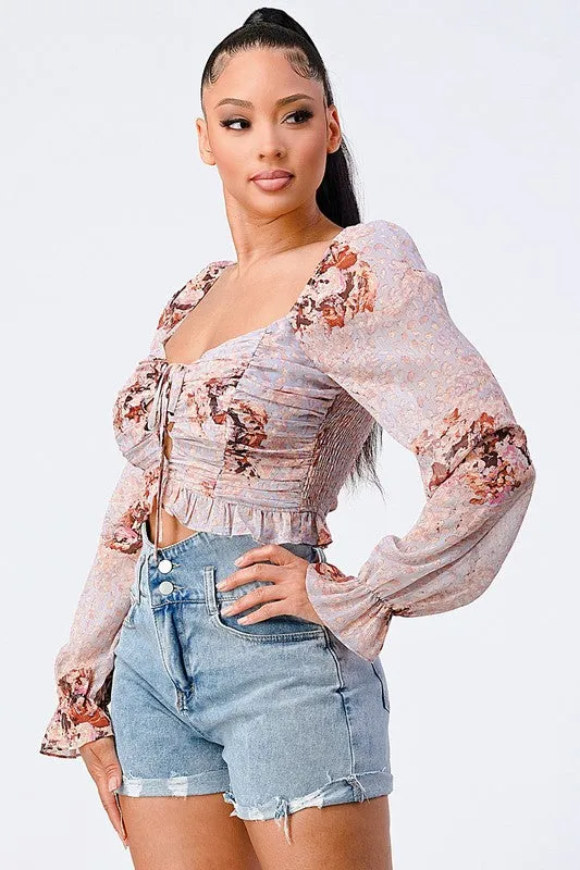 CHIC FLORAL SWEETHEART SMOCKED BACK CROPPED TOP sold by privy product image thumbnail 2