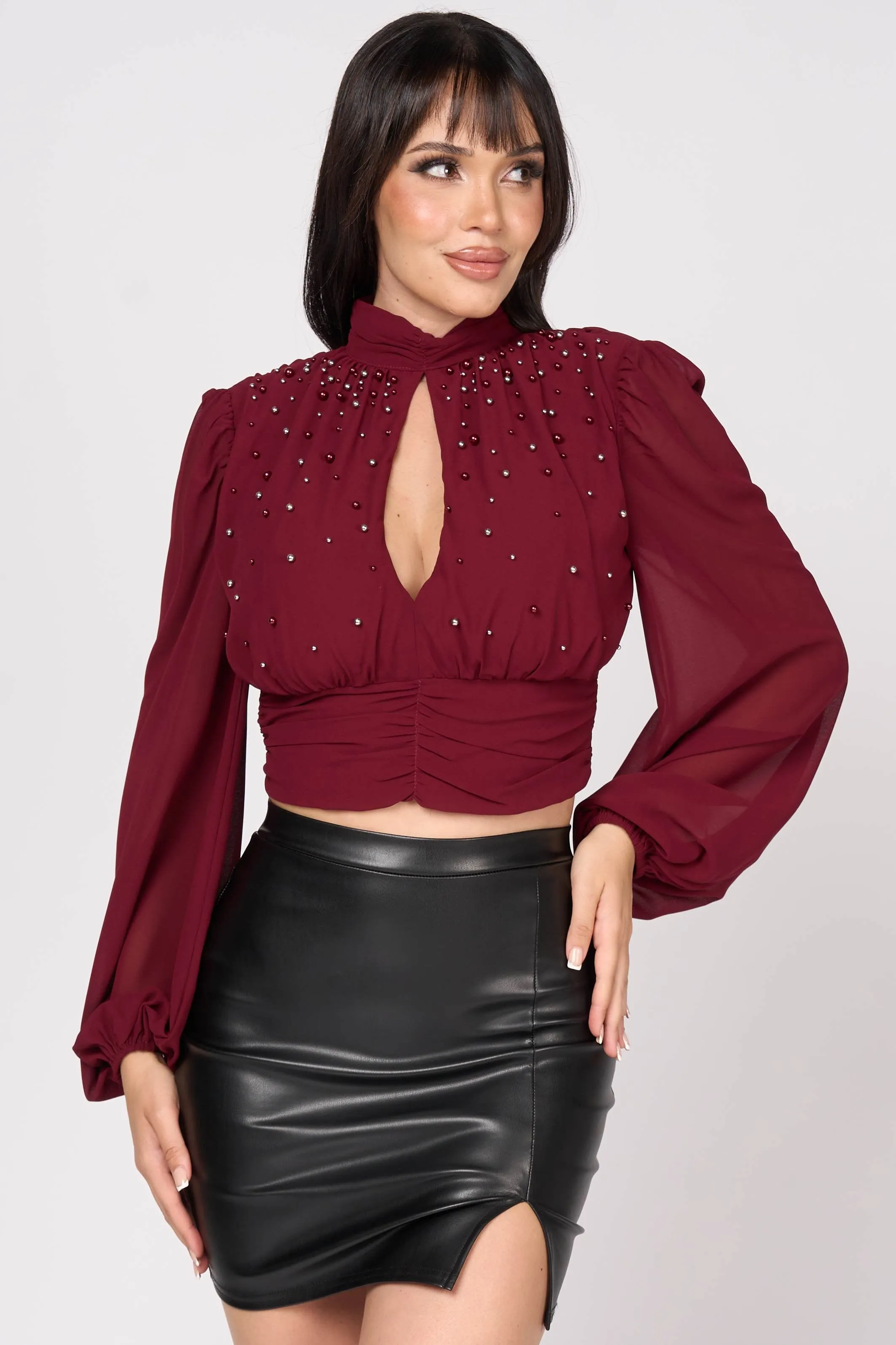 LUXE PEARL EMBELLISHED MESH KEYHOLE MOCK NECK TOP sold by privy