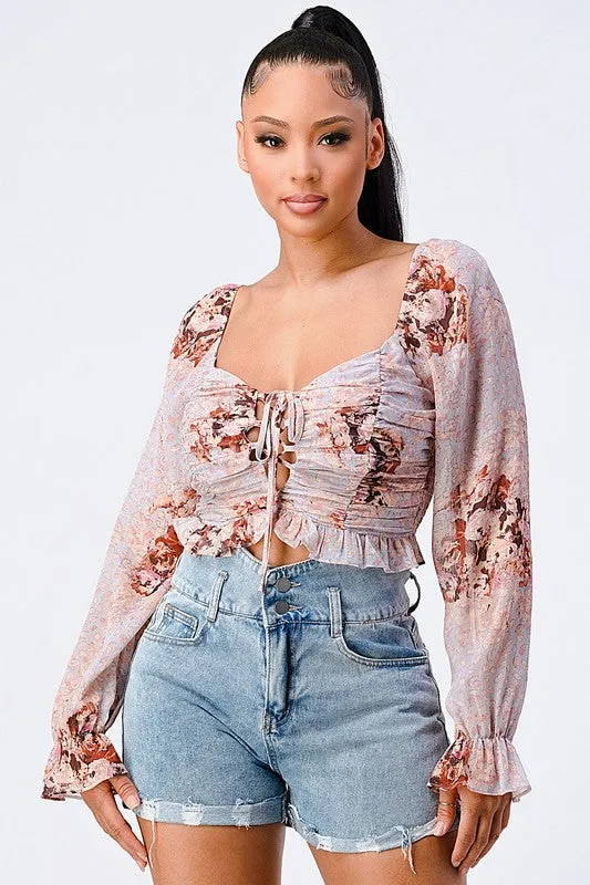 CHIC FLORAL SWEETHEART SMOCKED BACK CROPPED TOP sold by privy