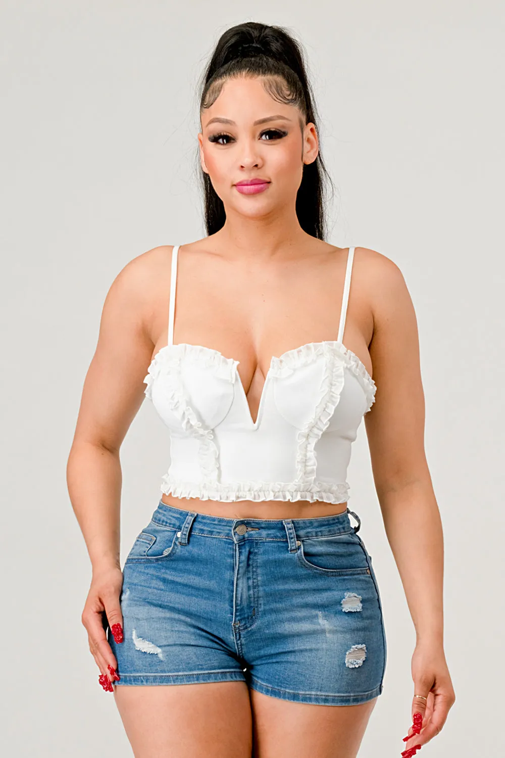 TECHNO CREPE SWEETHEART RUFFLED BUSTIER TOP sold by privy