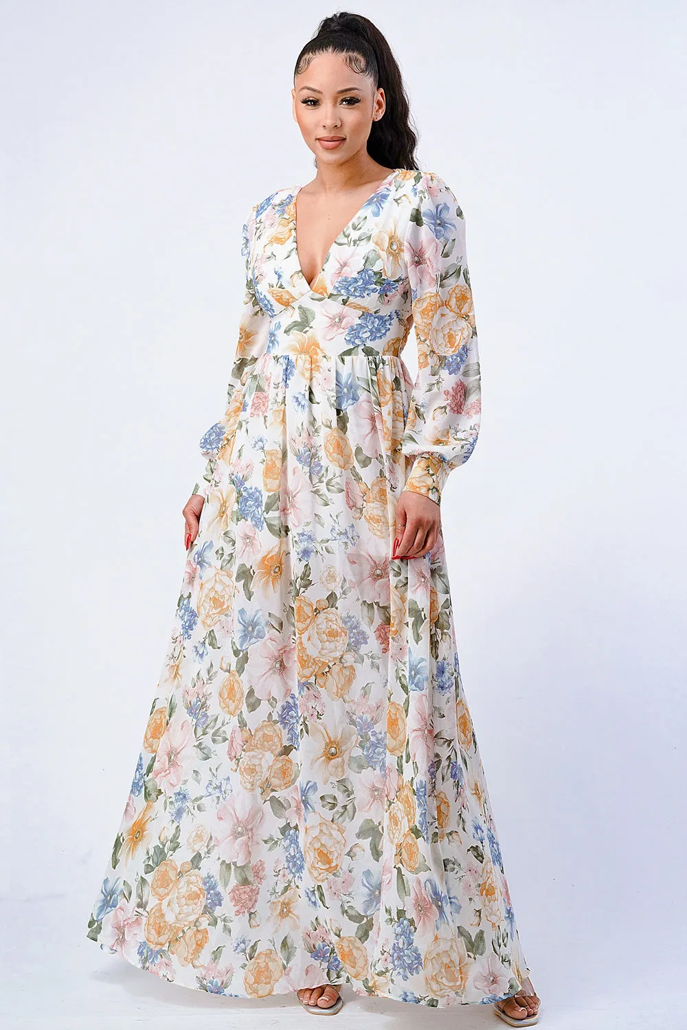 FLORAL V-NECK CHIFFON PUFF SLV EMPIRE MAXI DRESS sold by privy product image thumbnail 4