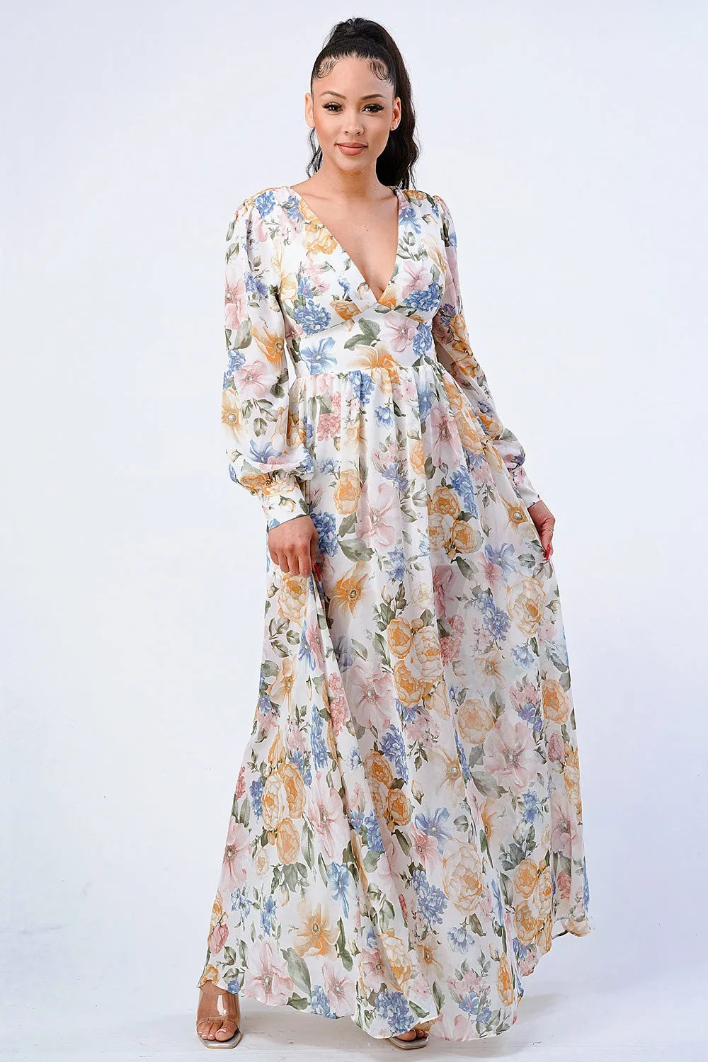 FLORAL V-NECK CHIFFON PUFF SLV EMPIRE MAXI DRESS sold by privy