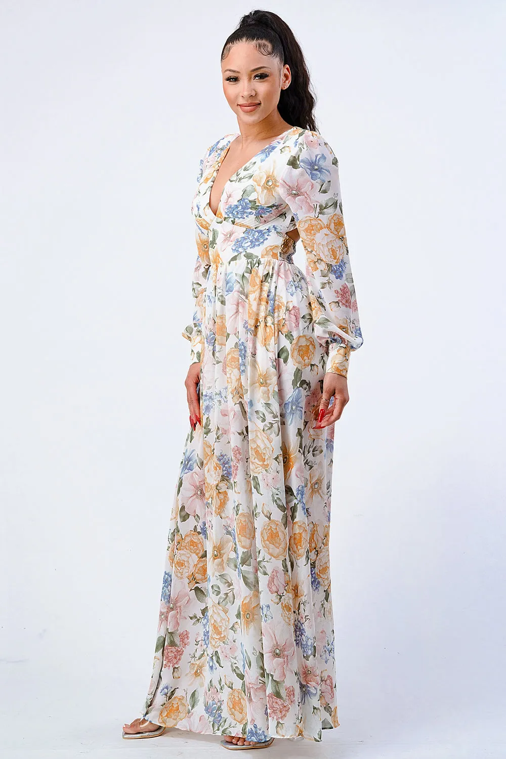 FLORAL V-NECK CHIFFON PUFF SLV EMPIRE MAXI DRESS sold by privy product image thumbnail 2