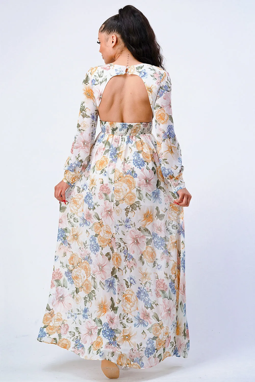FLORAL V-NECK CHIFFON PUFF SLV EMPIRE MAXI DRESS sold by privy product image thumbnail 3