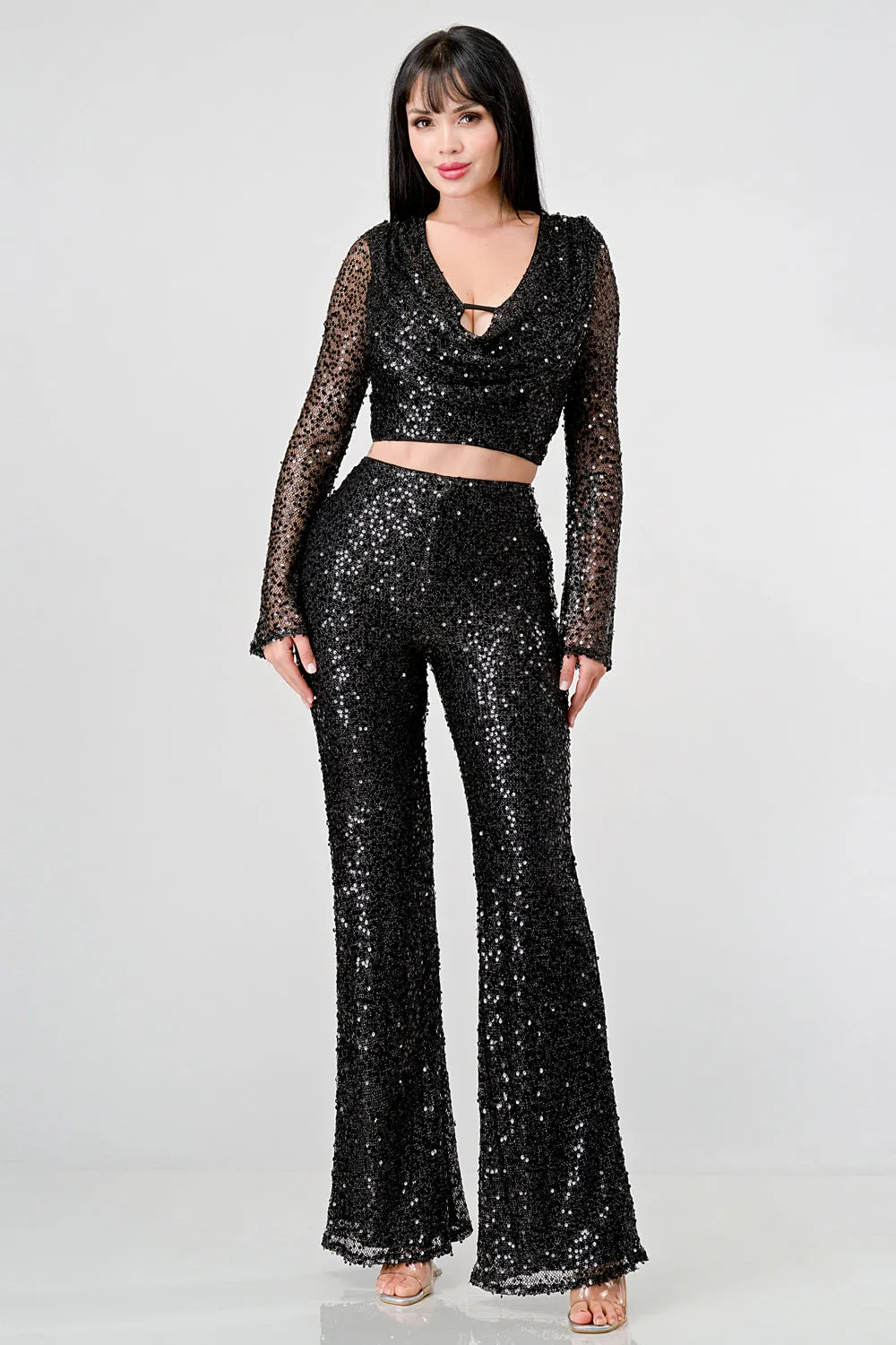 SEXY SEQUINS FISHNET TWO PIECE TOP AND PANTS SET sold by privy