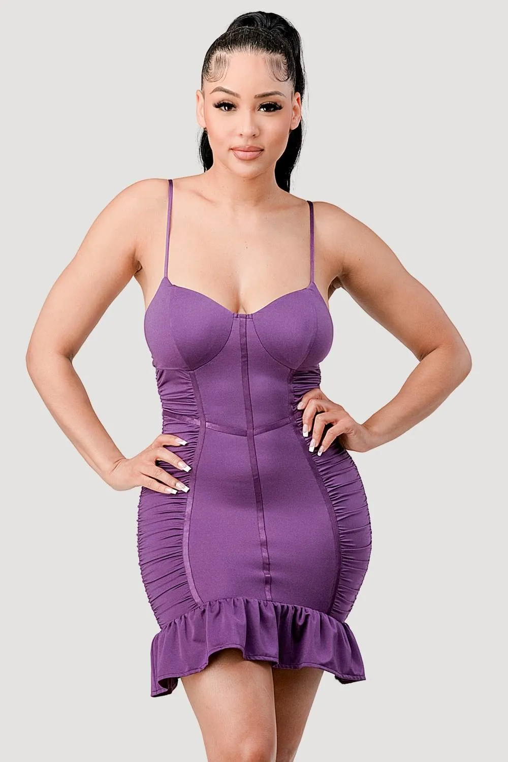 PD72690SHE-W / HEAVY CRYSTAL RUFFLED RUCHED BODYCON MINI DRESS sold by privy