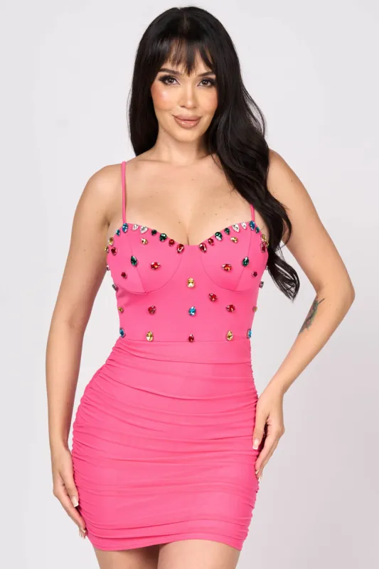 SEXY COLORFUL RHINESTONE BUSTIER RUCHED MINI DRESS sold by privy