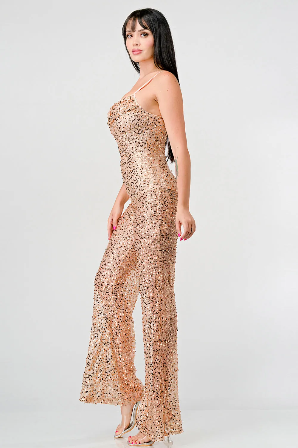 LUXE FISHNET SEQUIN SLEEVELESS FLARE LEG JUMPSUIT sold by privy product image thumbnail 3