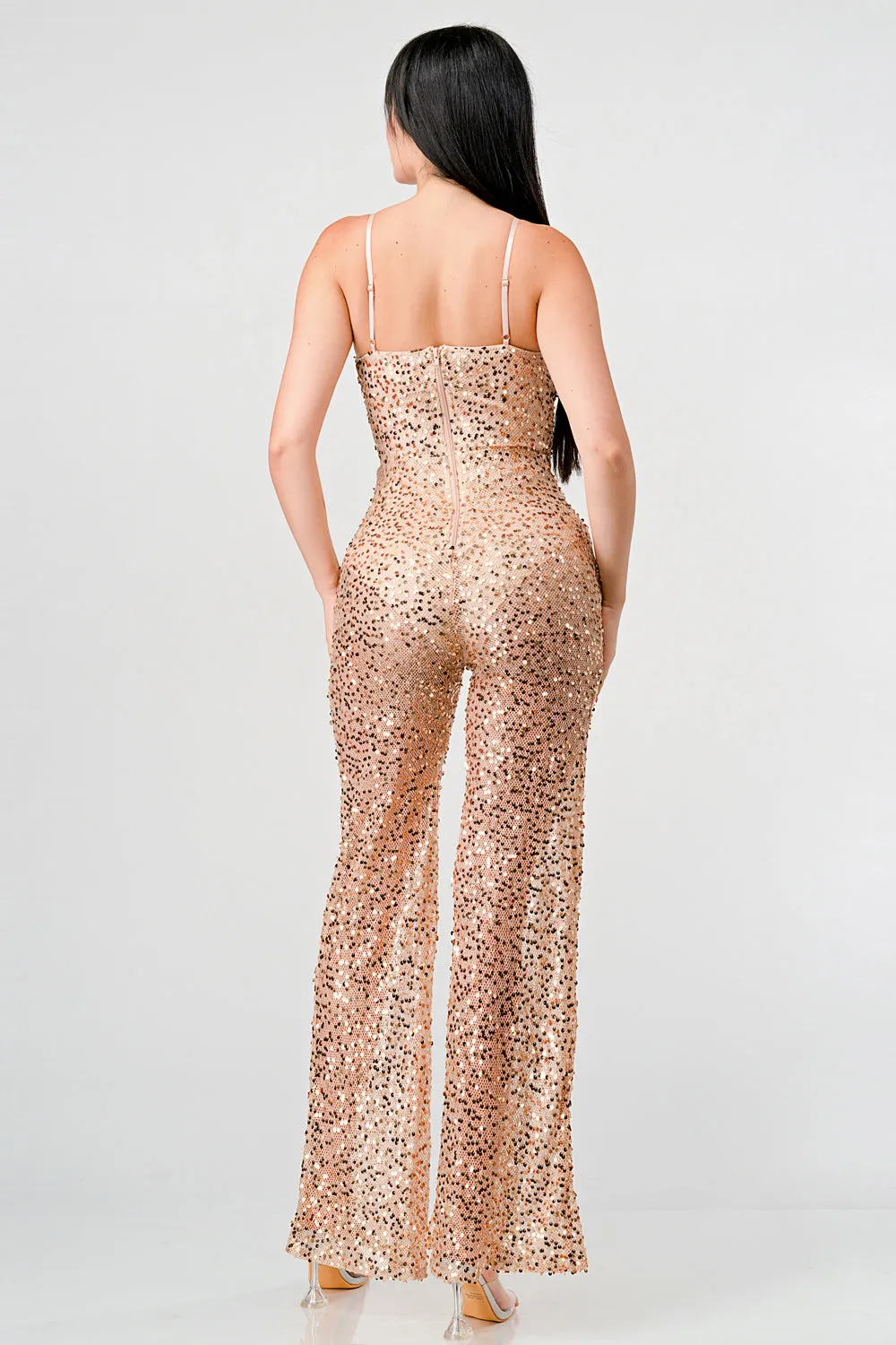 LUXE FISHNET SEQUIN SLEEVELESS FLARE LEG JUMPSUIT sold by privy product image thumbnail 4