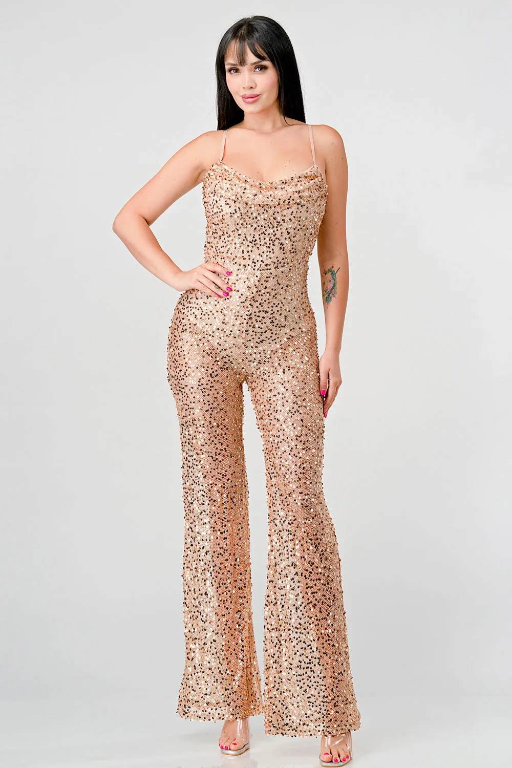 LUXE FISHNET SEQUIN SLEEVELESS FLARE LEG JUMPSUIT sold by privy