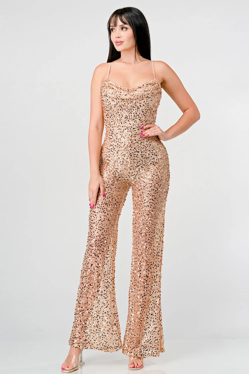 LUXE FISHNET SEQUIN SLEEVELESS FLARE LEG JUMPSUIT sold by privy product image thumbnail 5