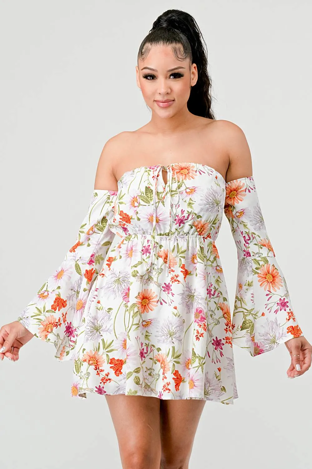 PD73791S-W / FLORAL OFF SHOULDER KEYHOLE FIT & FLARE MINI DRESS sold by privy