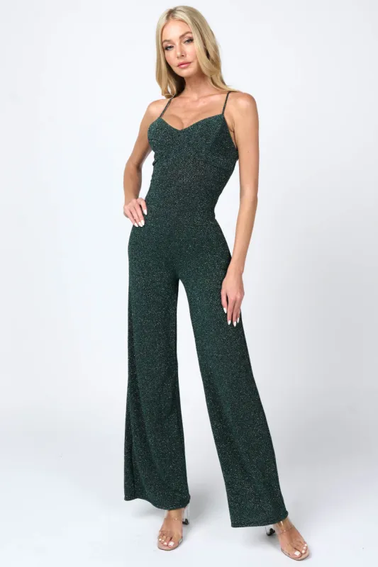 METALLIC LUREX GLITTER DRAWTRING WIDELEGS JUMPSUIT sold by privy