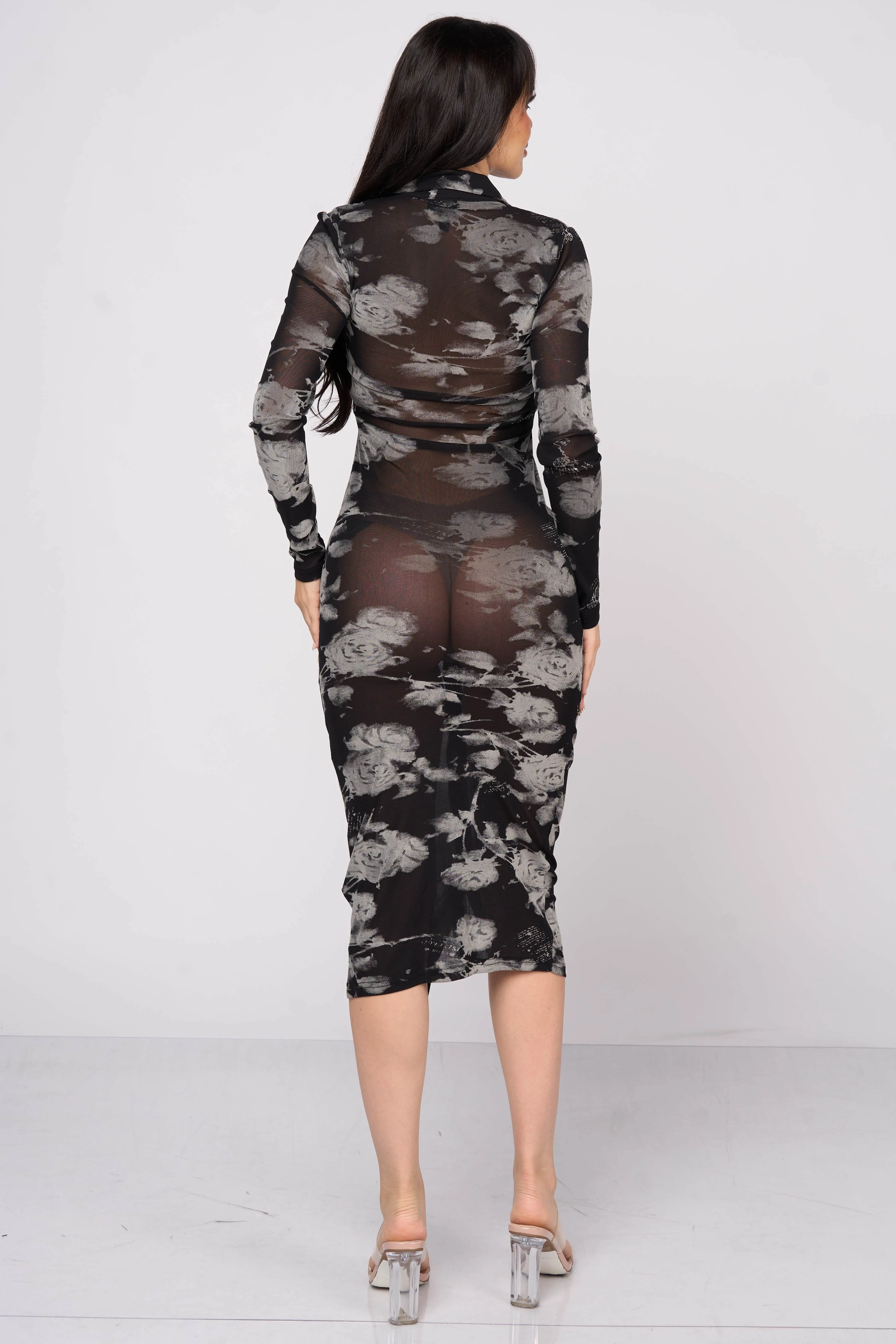 LUXE FLORAL FLOCKING MESH BUTTON DOWN MIDI DRESS sold by privy product image thumbnail 4