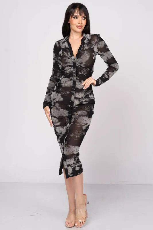 LUXE FLORAL FLOCKING MESH BUTTON DOWN MIDI DRESS sold by privy