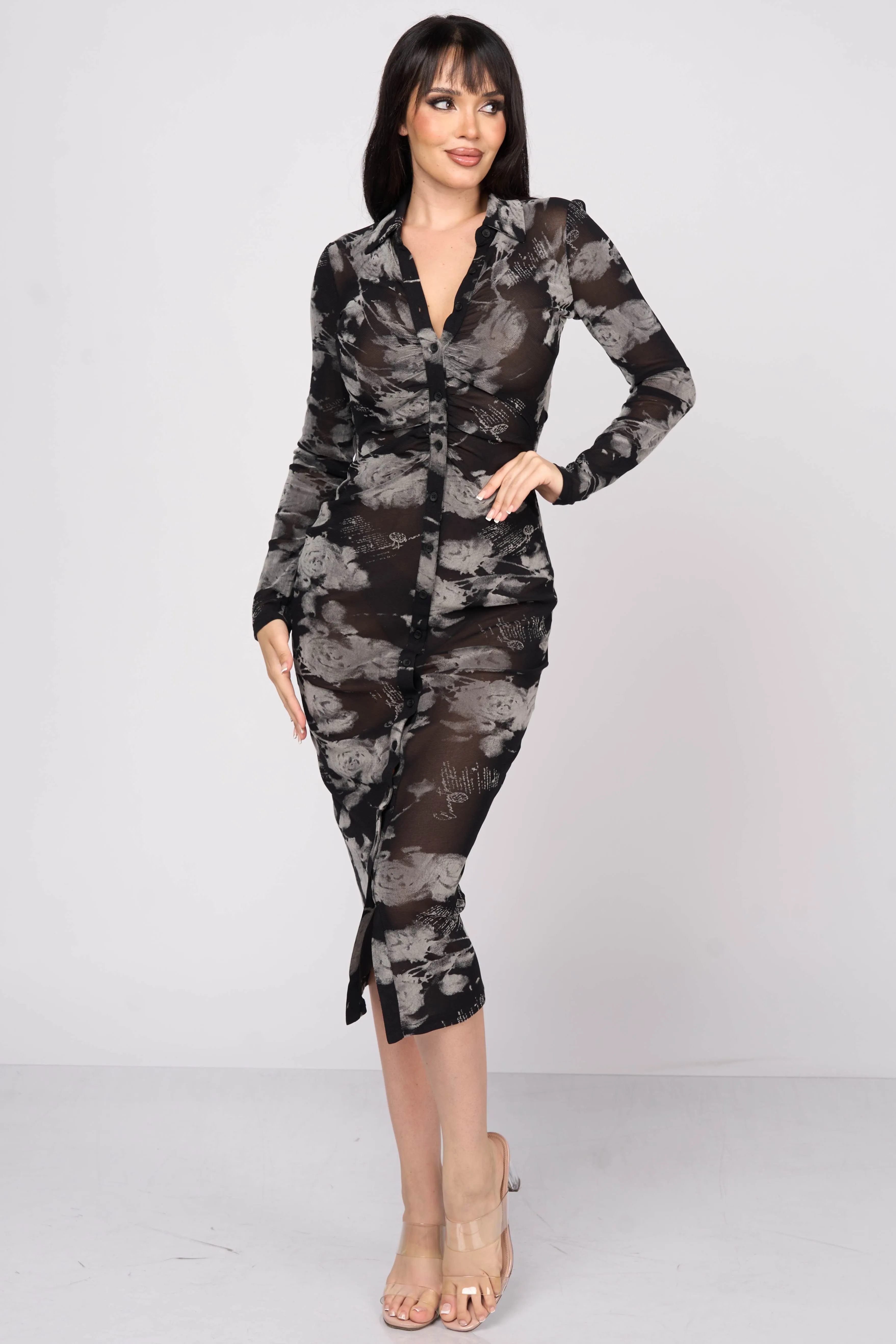 LUXE FLORAL FLOCKING MESH BUTTON DOWN MIDI DRESS sold by privy