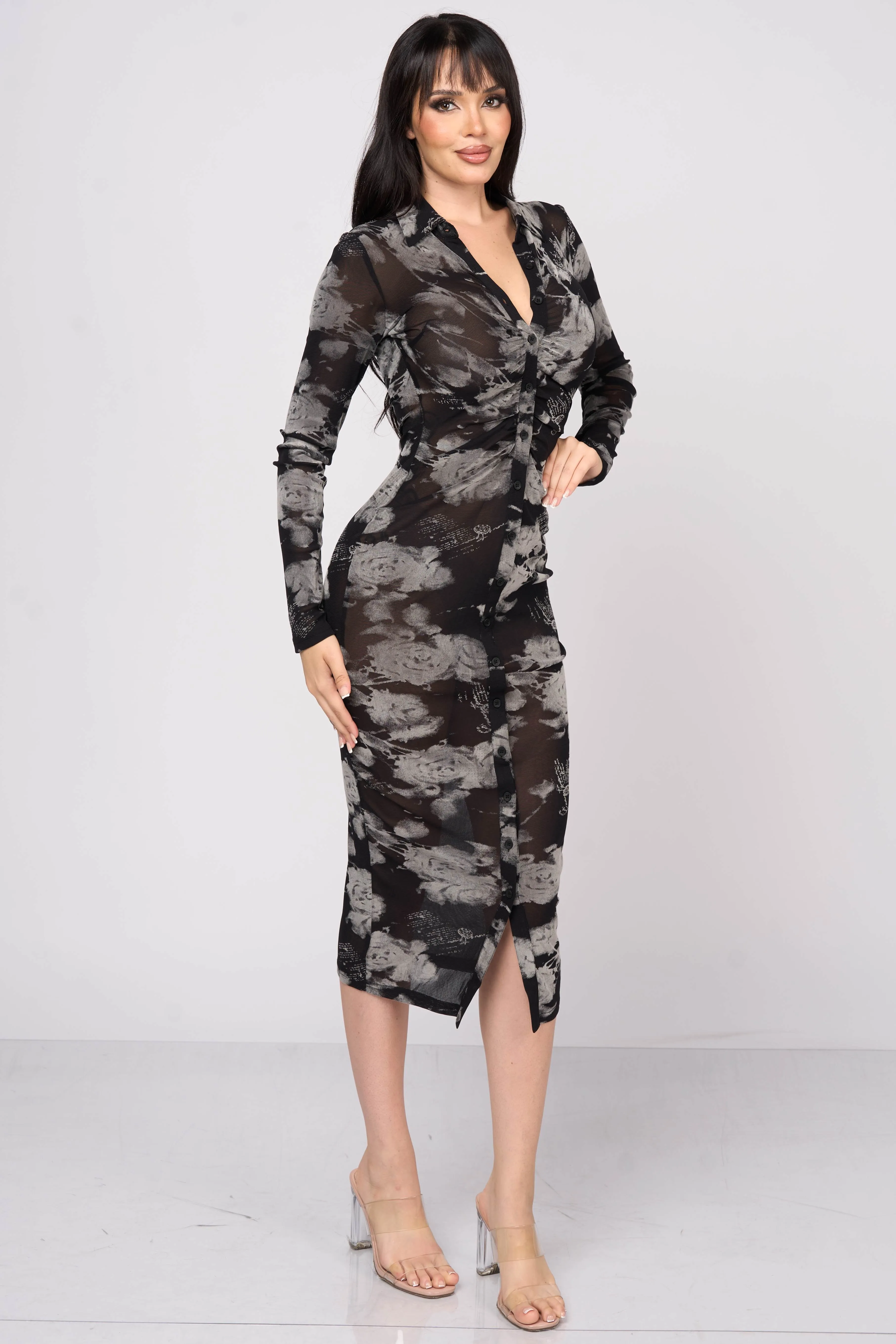 LUXE FLORAL FLOCKING MESH BUTTON DOWN MIDI DRESS sold by privy product image thumbnail 2