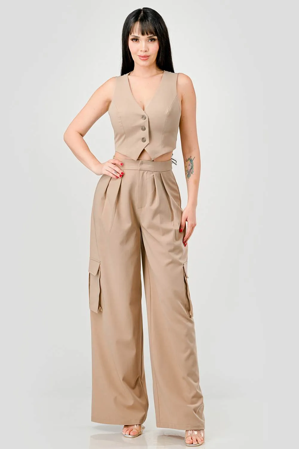 HEAVY STRETCH TWILL VEST TOP & CARGO PANTS SETS sold by privy