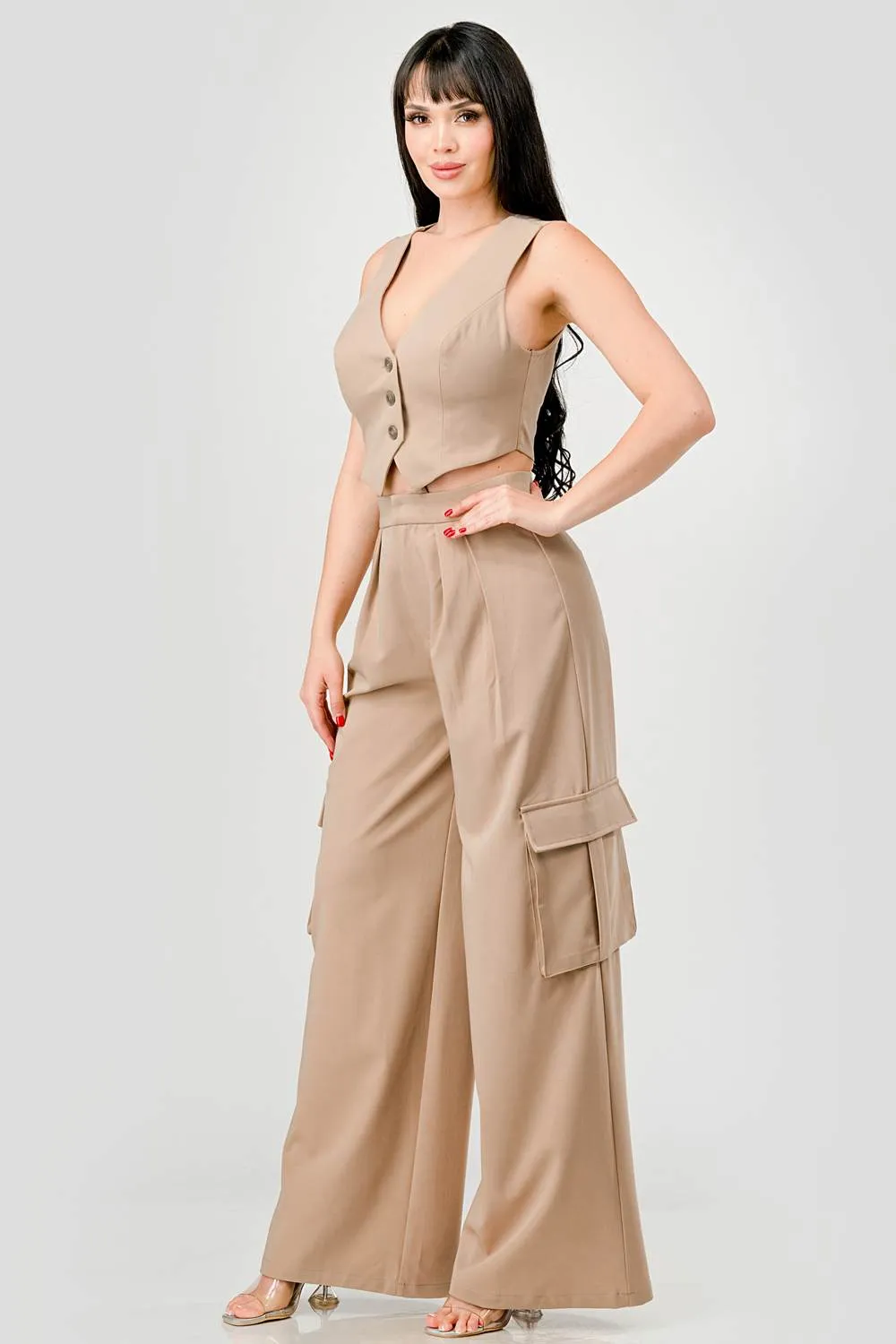 HEAVY STRETCH TWILL VEST TOP & CARGO PANTS SETS sold by privy product image thumbnail 2