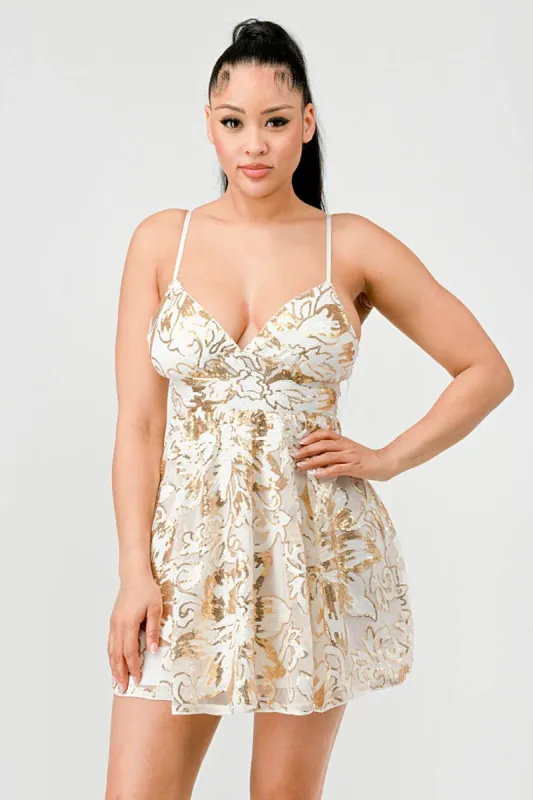 LUXE SEQUINS FLORAL FIT AND FLARE MINI DRESS sold by privy