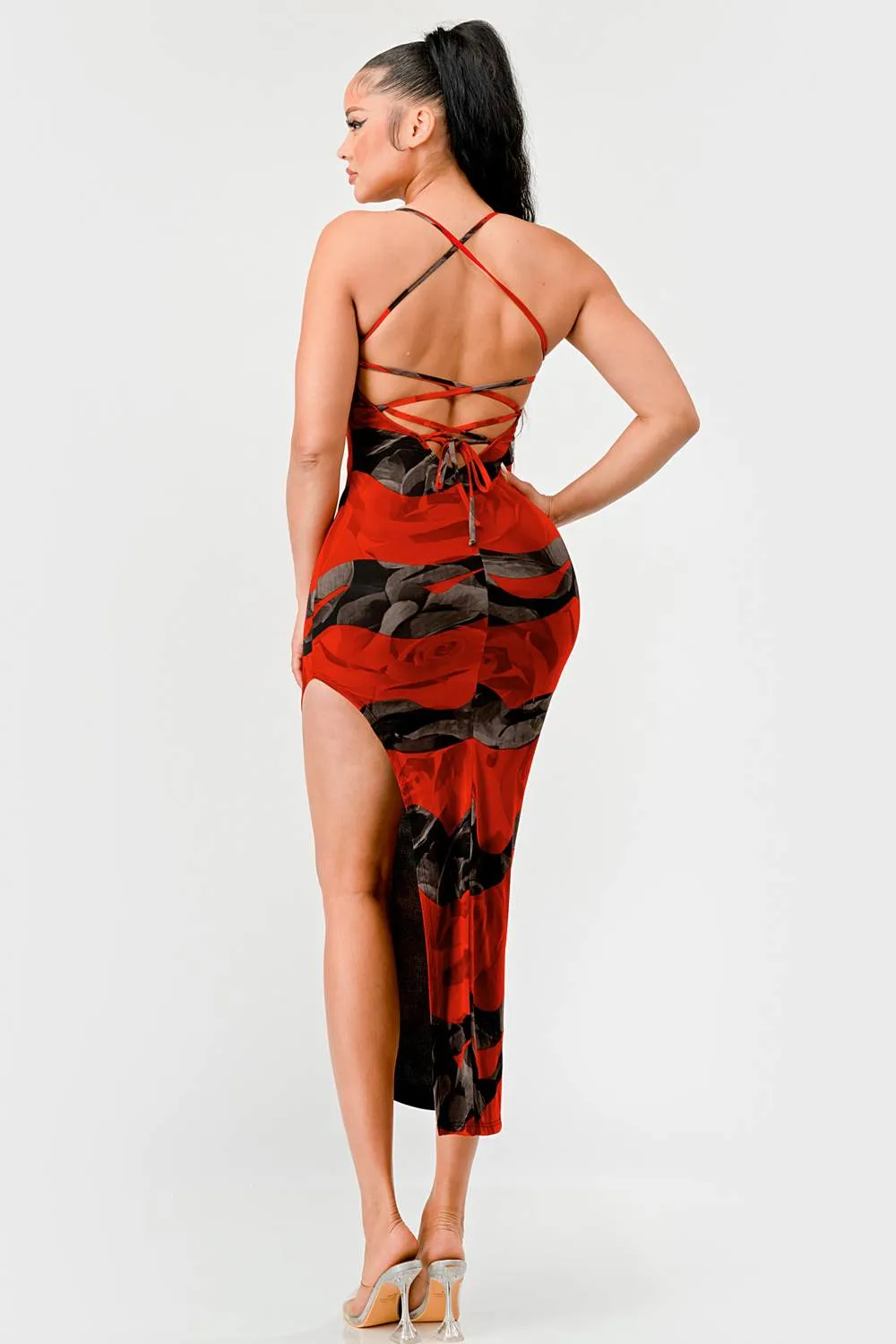 GEO ROSE PRINT MESH ASMMETRICAL BODYCON MIDI DRESS sold by privy product image thumbnail 3