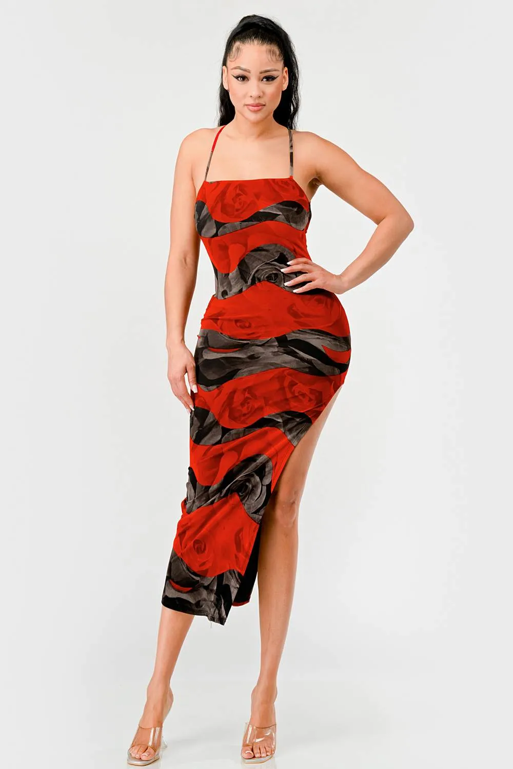 GEO ROSE PRINT MESH ASMMETRICAL BODYCON MIDI DRESS sold by privy