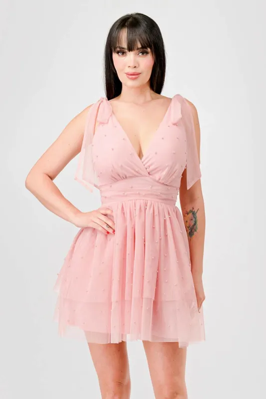PEARL MESH BOW TIE STRAPS RUFFLED TULLE DRESS sold by privy