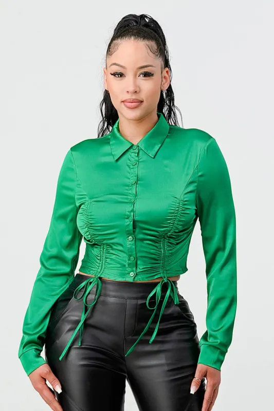STRETCH SATIN RUCHED BUTTON DOWN CROP SHIRT TOP sold by privy
