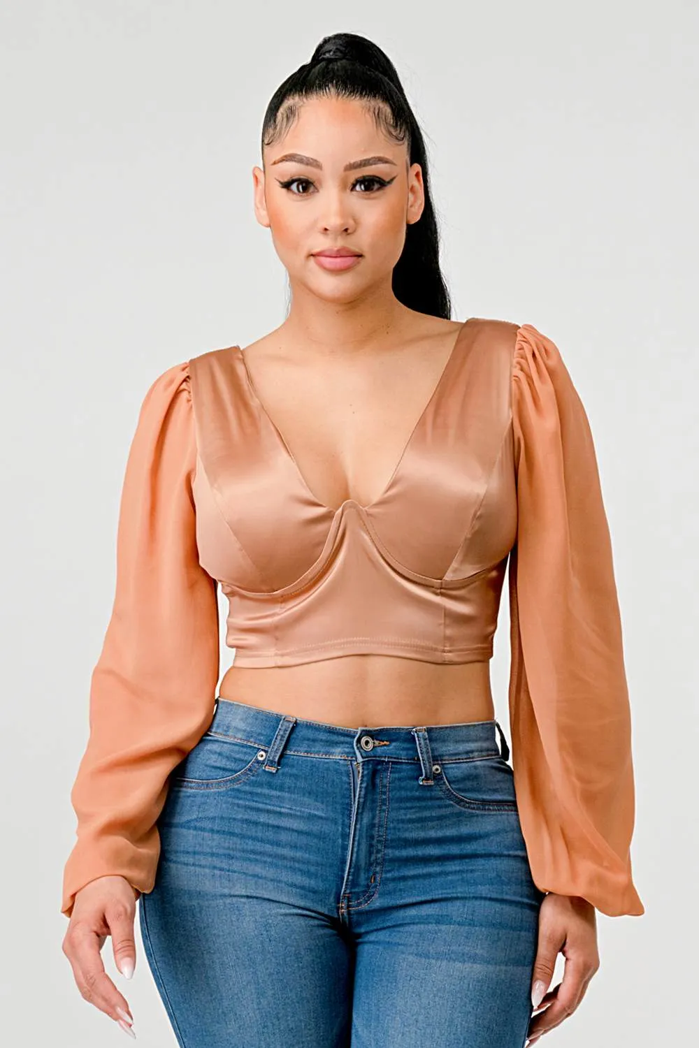 SHEER SEXY DEEP-V BUSTIER CROPPED BLOUSE TOP sold by privy product image thumbnail 2