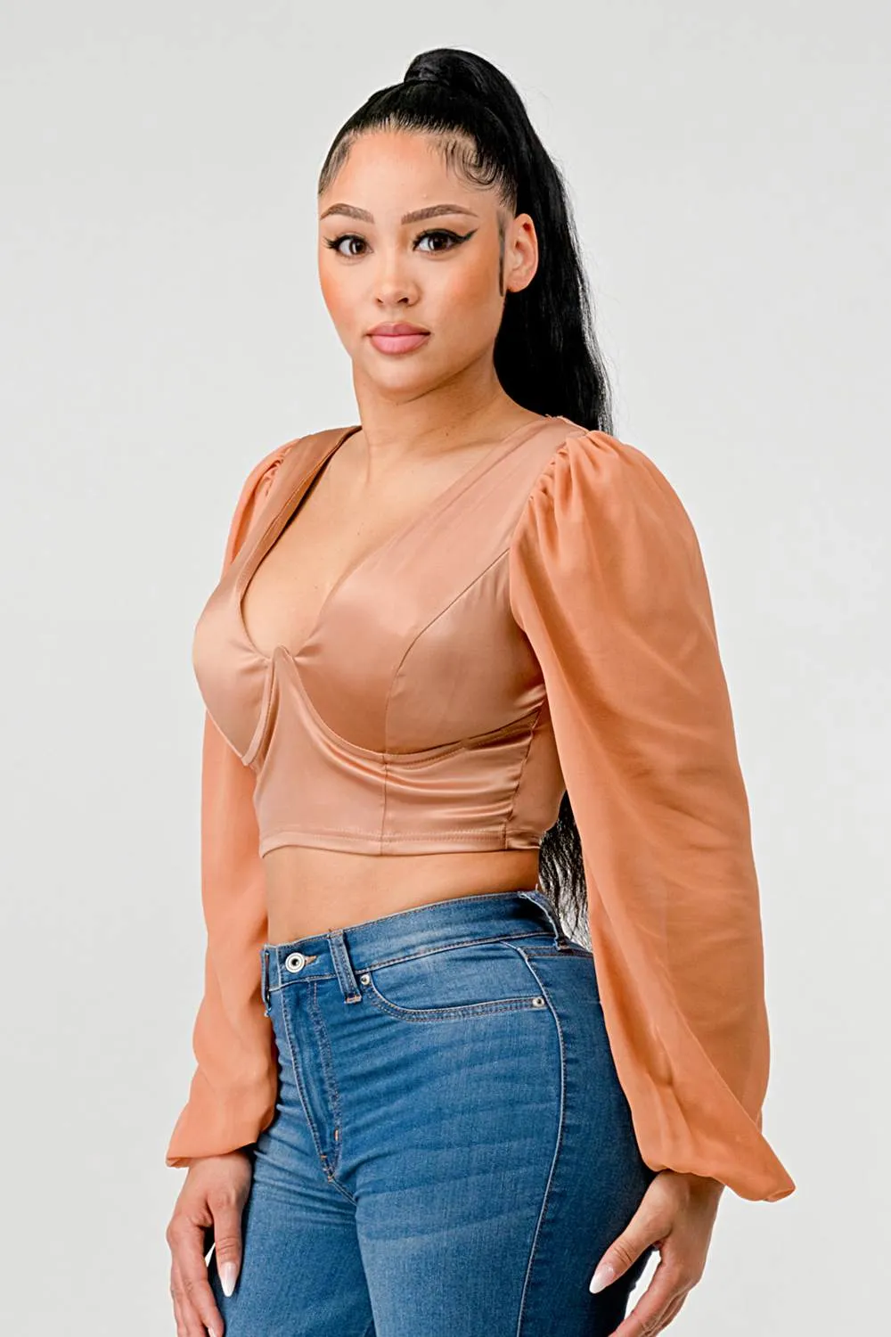 SHEER SEXY DEEP-V BUSTIER CROPPED BLOUSE TOP sold by privy product image thumbnail 3