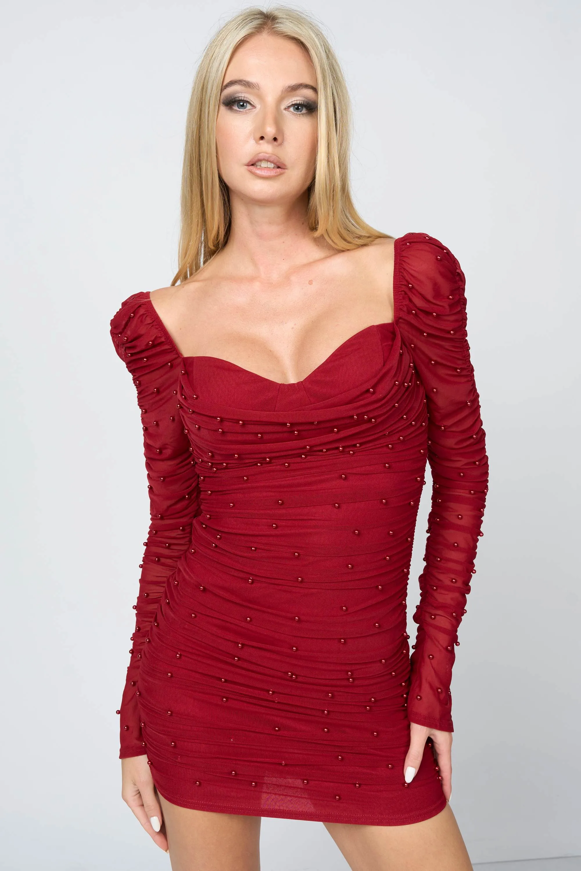 LUXE PEARL MESH SWEETHEART LONG SLEEVES MINI DRESS sold by privy