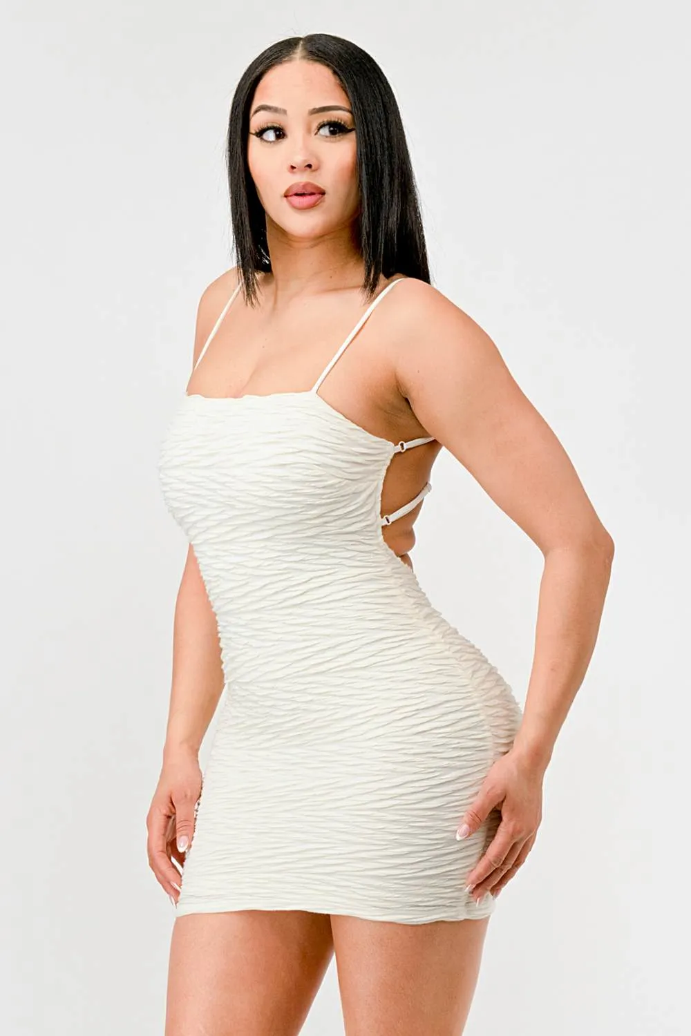 SEXY TEXTURED KNIT DRAWSTRING OPEN BACK MINI DRESS sold by privy product image thumbnail 2