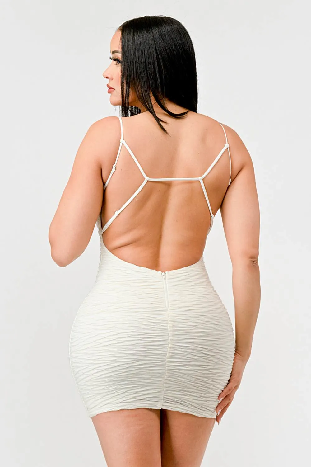 SEXY TEXTURED KNIT DRAWSTRING OPEN BACK MINI DRESS sold by privy product image thumbnail 3
