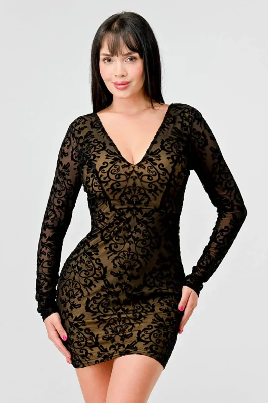 LUXE MESH VELVET V-NECK LONG SLEEVES MINI DRESS sold by privy