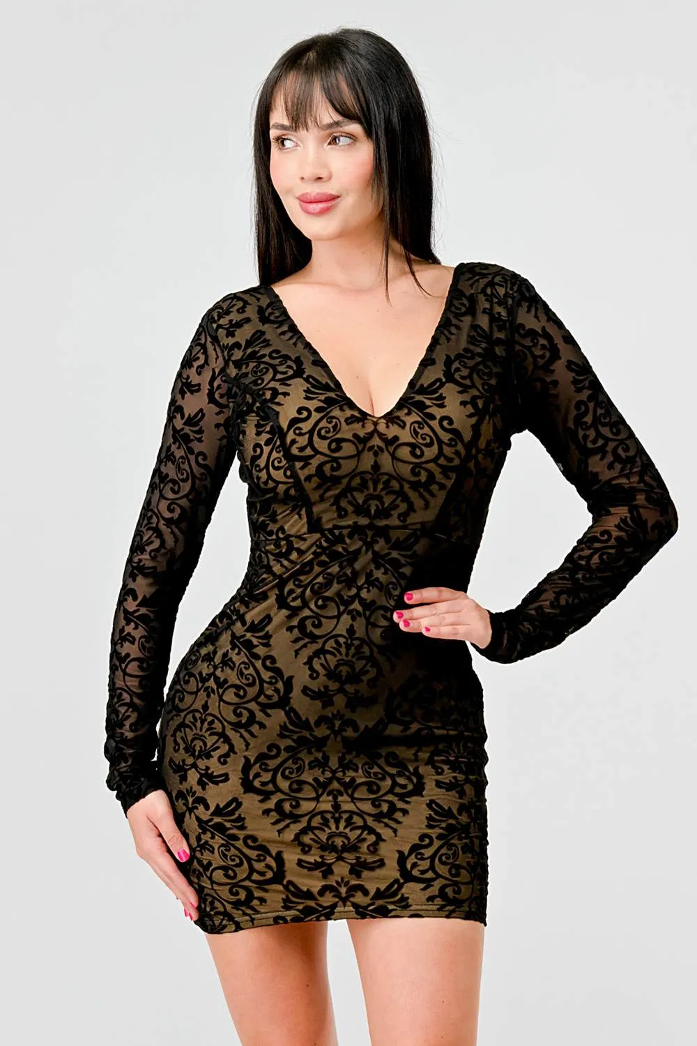LUXE MESH VELVET V-NECK LONG SLEEVES MINI DRESS sold by privy product image thumbnail 2