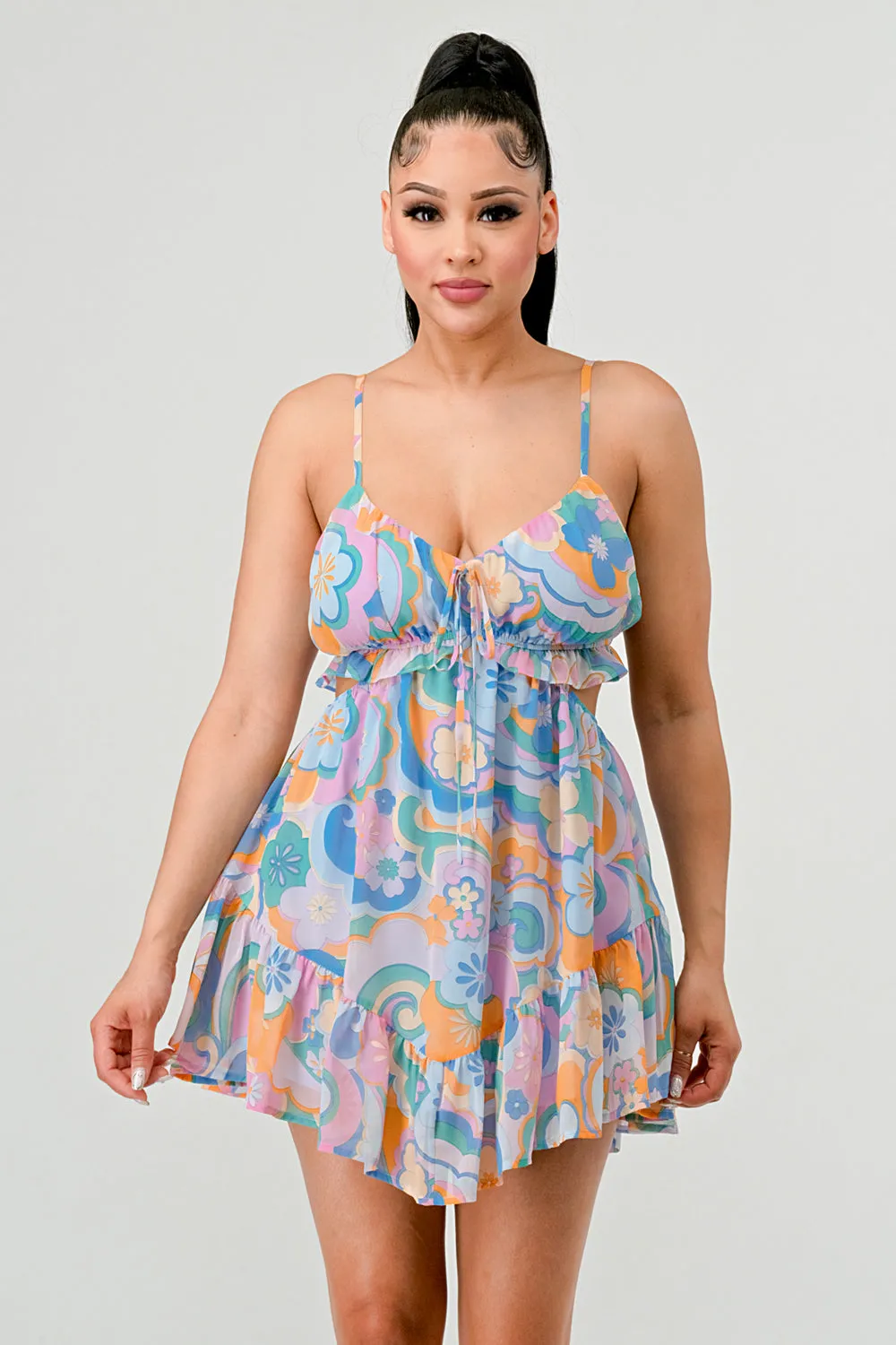PEBBLE CHIFFON PRINT SWEETHEART RUFFLED MINI DRESS sold by privy