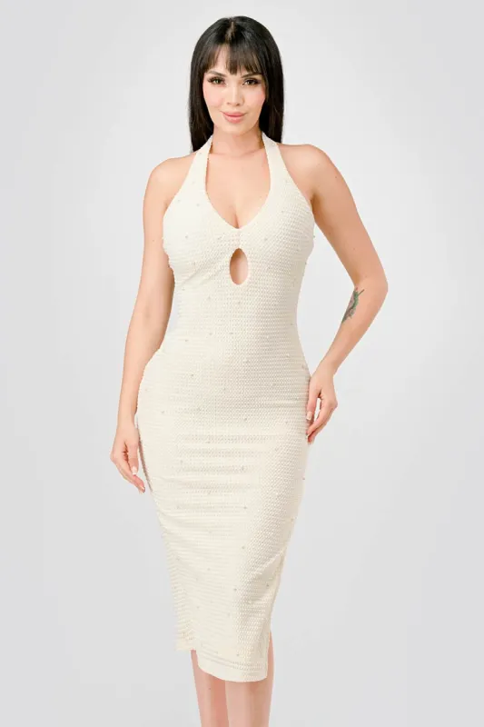 LUXE PEARL TEXTURE HALTERNECK BACKLESS MIDI DRESS sold by privy